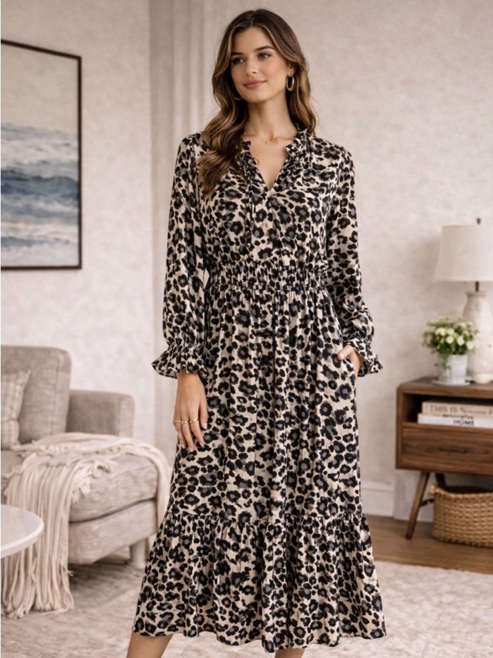 Vince Camuto Animal Print Midi Dress Size L Long Sleeve Smocked Waist Boho Chic